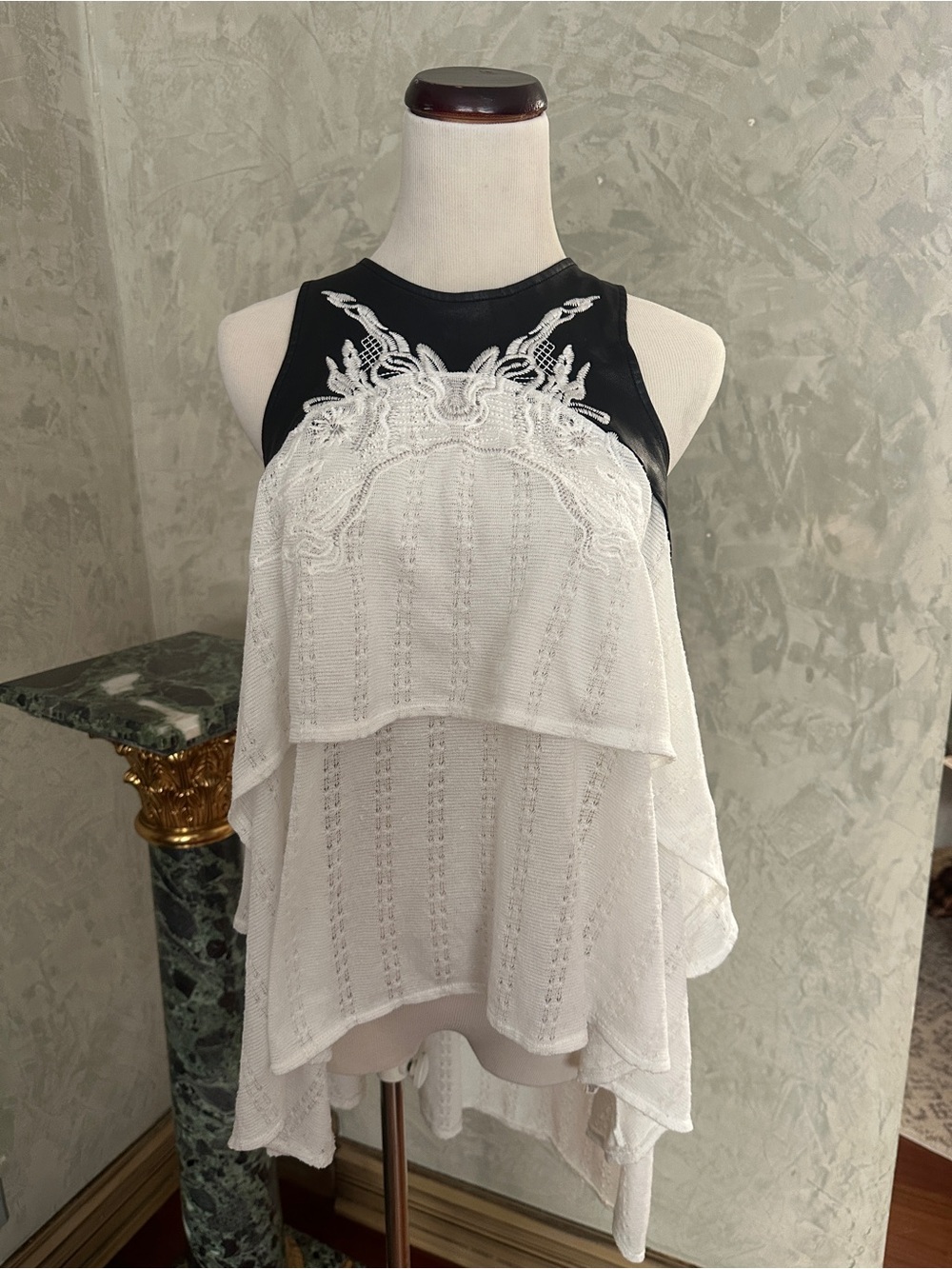 Free People Dark Night white ruffle high low with leather top